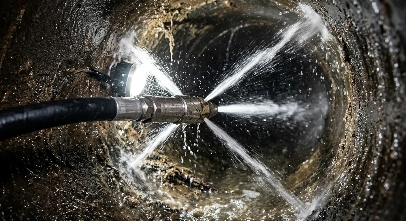 High-pressure hydro jetting nozzle cleaning sewer pipe for Trenchless Sewer Repair in Weare