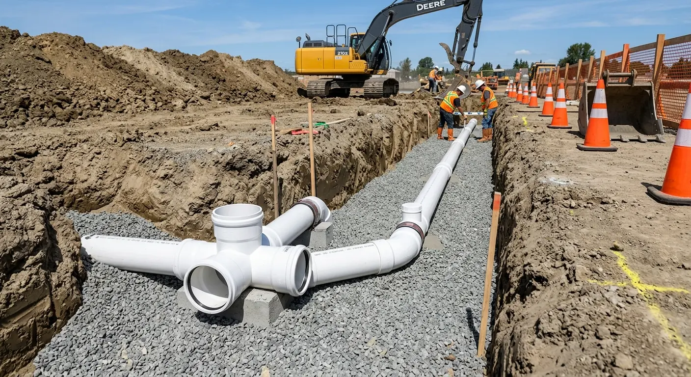 New PVC sewer pipe installation in open trench for Sewer Backup in Weare