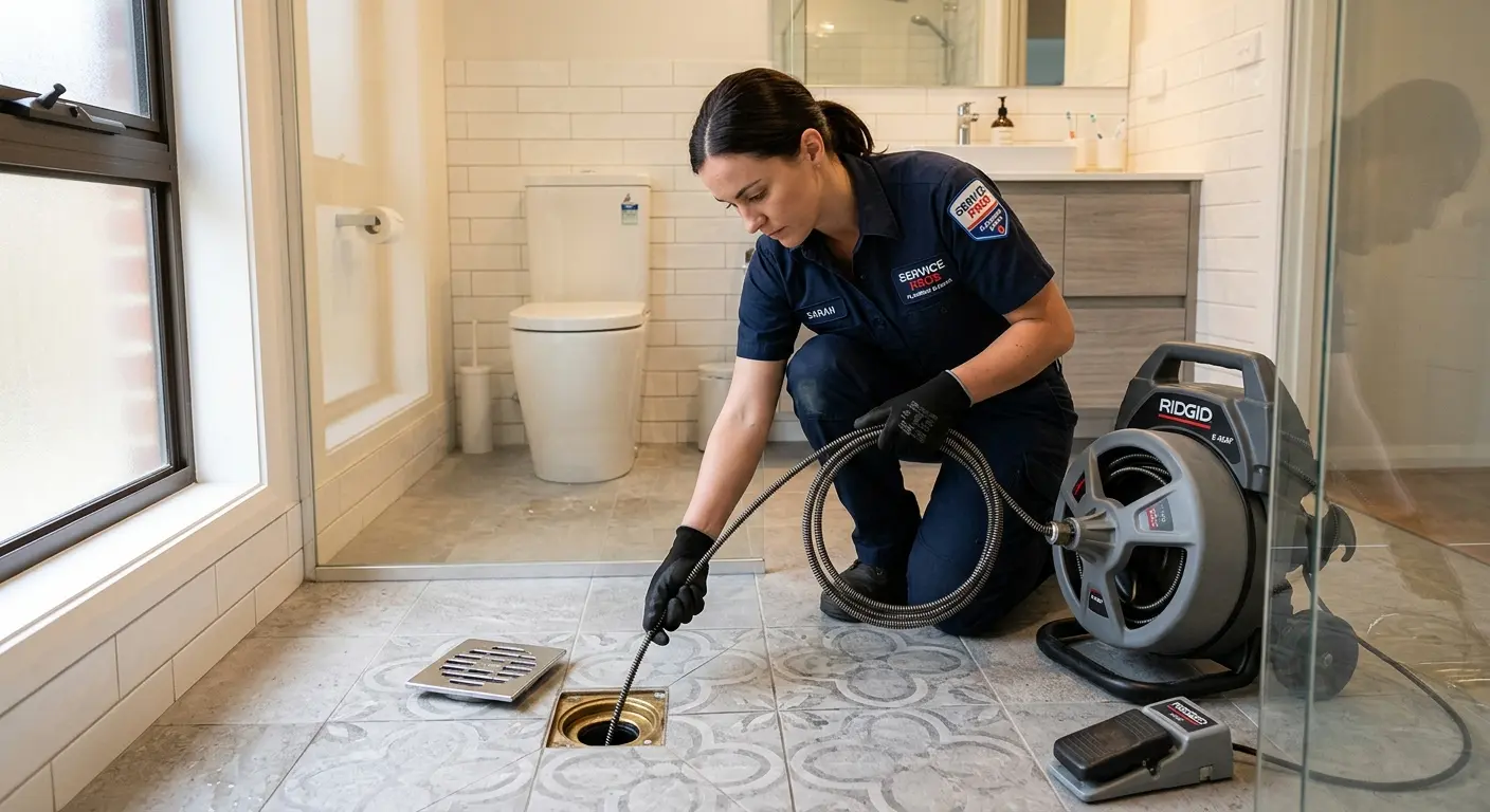 Technician clearing a bathroom floor drain for Drain Cleaning in Weare
